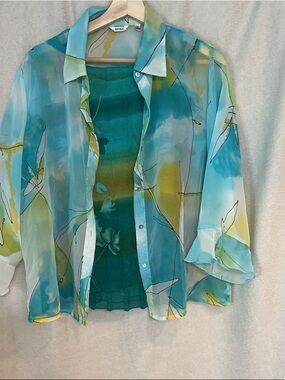 NICOLA Teal, Aqua & Yellow Sheer Floral Button-Down Blouse